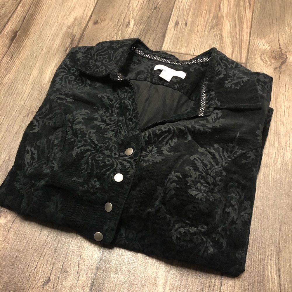 CJ Banks Black Floral Corduroy Jacket | Snap Front Blazer | Plus Size Business - Picture 3 of 5